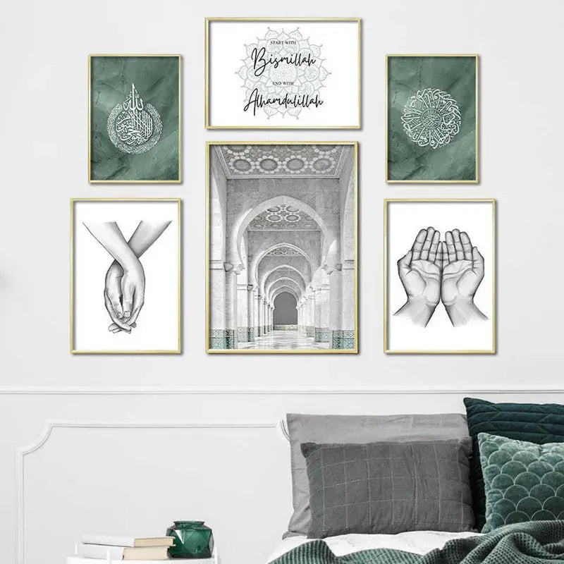 Green Bismillah Alhamdulillah Quote Poster Islamic Muslim On Canvas Painting Boho Pictures Print Living Room Home Wall Art Decor