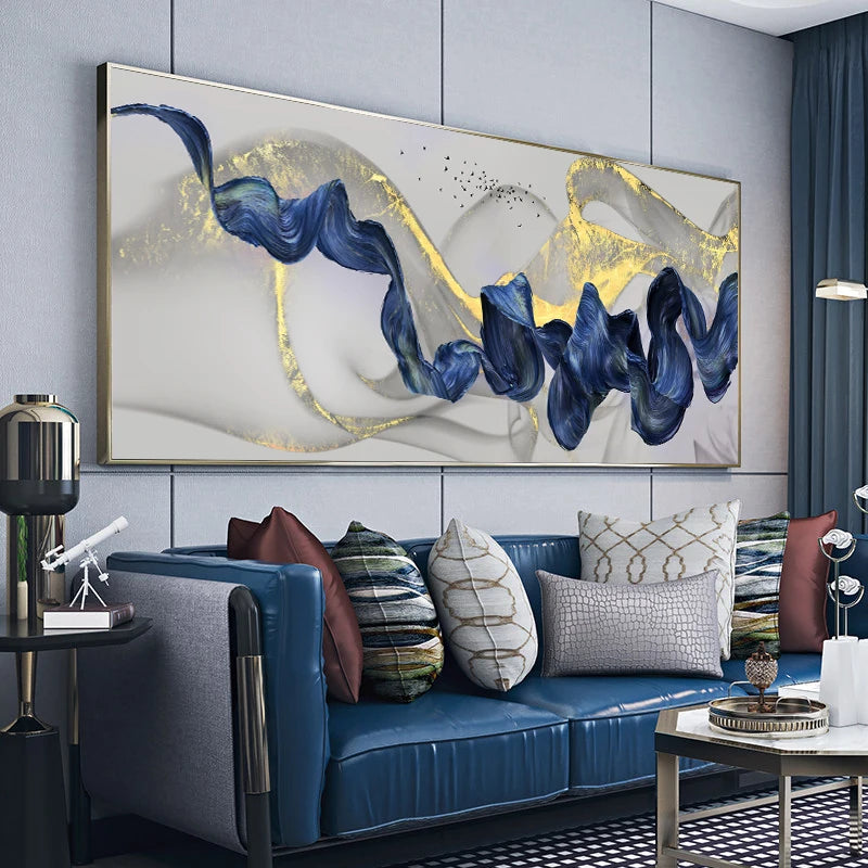 Nordic Golden Luxury Canvas Painting Blue Ribbon Abstract Posters and Prints Wall Art Pictures for Living Room Home Decoration