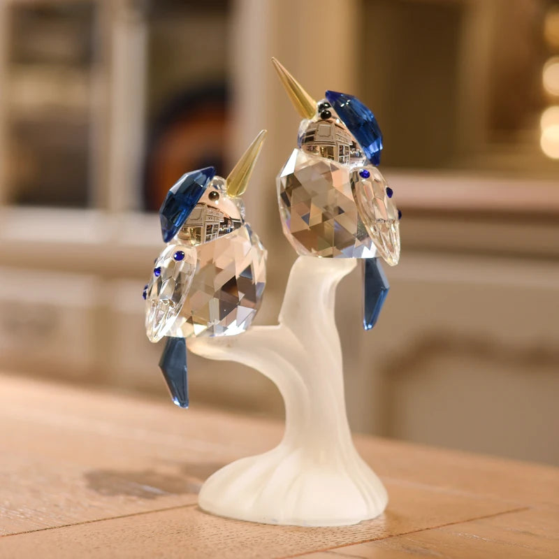 Casal pássaros artesanato de cristal de vidro animal kingfisher estatuetas miniaturas para decoração em casa