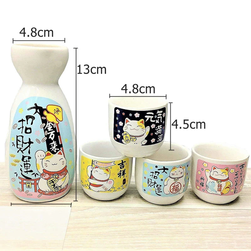 5-teiliger Weinset Japanische Maneki Neko Keramik Sake Set (1 Tokkuri Flasche 200ml und 4 Ochoko Cup) Glückskatze Getränkeware