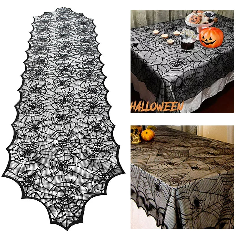 Halloween Decoration Lace Spider Web Skeleton Skull Tablecloth Black Fireplace Mantel Scarf Event Party Decoration Supplies