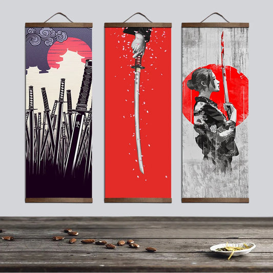 Japonés samurai ukiyoe para carteles de lienzo y estampados pintura de decoración arte de pared decoración del hogar con pergamino colgante de madera maciza