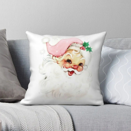 Pink Retro Vintage Santa Pillowcase Polyester Linen Velvet Zip Decor Pillow Case Room Cushion Cover 18"