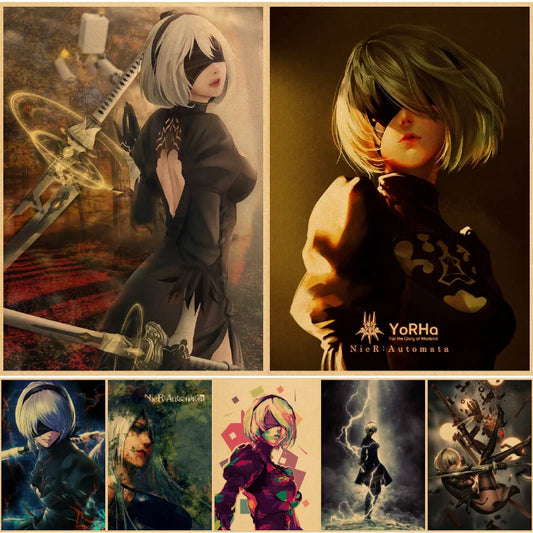 Juego Nier Automata Póster Vintage Kraft Paper de alta calidad Hogar Room Cartoon Arte Impresión Pegatina de pared de la pared Pintura