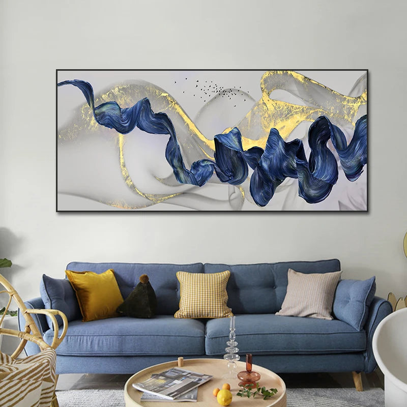 Nordic Golden Luxury Canvas Painting Blue Ribbon Abstract Posters and Prints Wall Art Pictures for Living Room Home Decoration