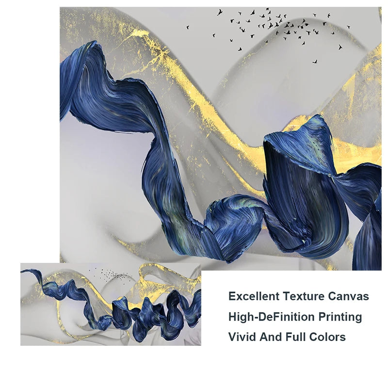 Pintura de lienzo de lujo dorado nórdico Póster de cinta azul abstracta y estampados Imágenes de arte de pared para sala de estar Decoración del hogar