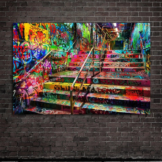 Graffiti escaleras Banksy Street Art Partter Impresión Enorme lienzo de la sala de pintura Arte de pared Decoración del hogar Graf en la sala de estar Regalo