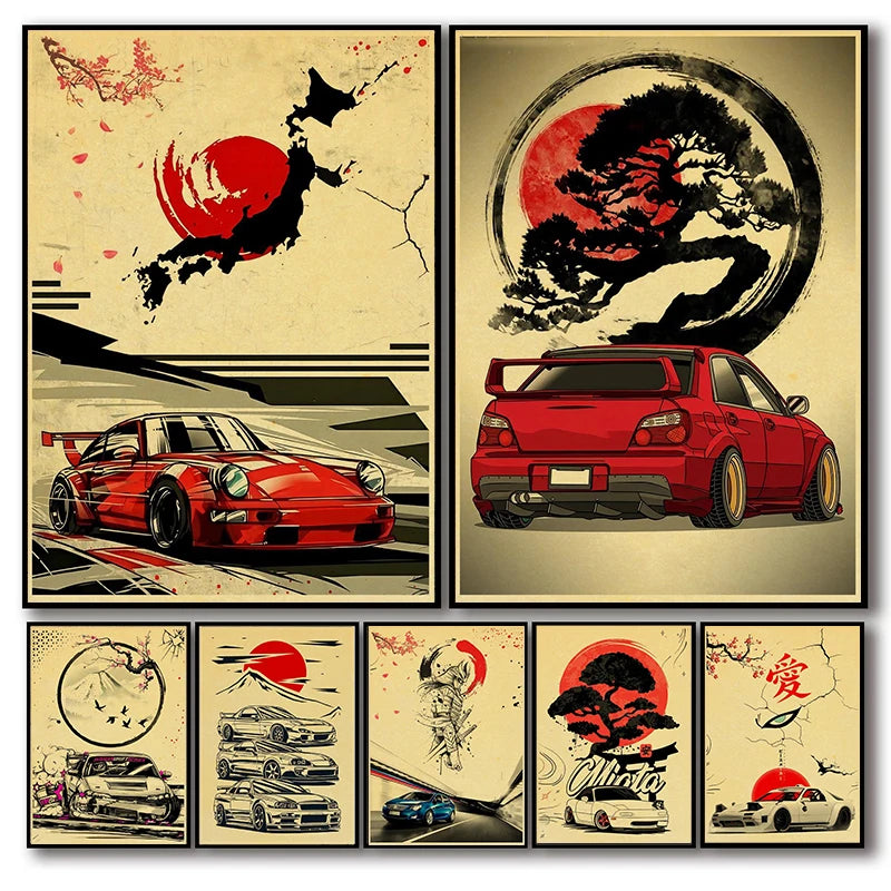 CARRES JAPANONES Samurai Pinting Japan Racing Home Club Decoración Imagen de pared Vintage JDM Car Gtr Anime Moon Printis