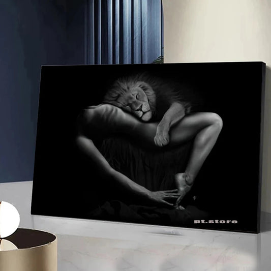 Abstracto en blanco y negro Sexy Women and Lions Canvas Art Wall Wall Decorations Decoraciones de dormitorio Regalos especiales para amantes