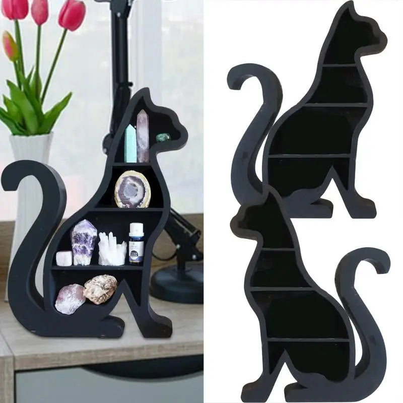 Zwarte kat vorm kristal plank display staande rek zonsopgangen sieraden cosmetica stationaire potten essentials houder huisdecoratie