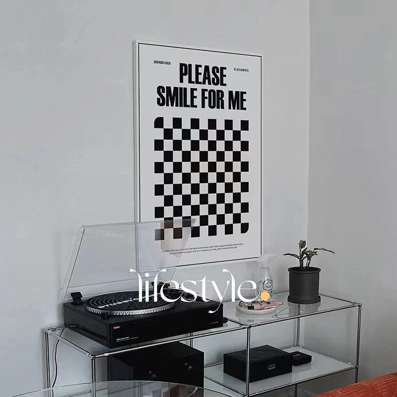 Nordic Modern Black And White Checkerboard Please Smile For Me Wall Art Canvas Painting Posters Picture Living Room Home Decor