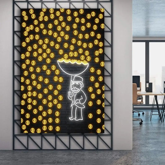 Bitcoin Wall Art Poster Impresiones Graffiti Alex con Umbrella Canvas Pintura Imagen Amantes criptográficos para la sala de estar Decoración del hogar