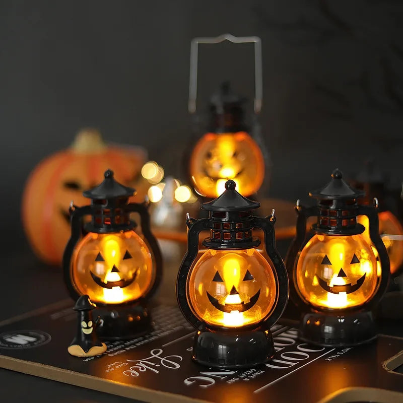 Halloween Hanging Pumpkin Lantern Light LED Ghost Lamp Candle Light Retro Small Oil Lamp Halloween Party Home Decor Horror Props