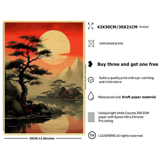 Japonese Natural Landscape Mountain Temple Canvas Pinting Red Black Carteles Black Vintage Tinta Arte Impresiones de pared para la habitación Decoración del hogar