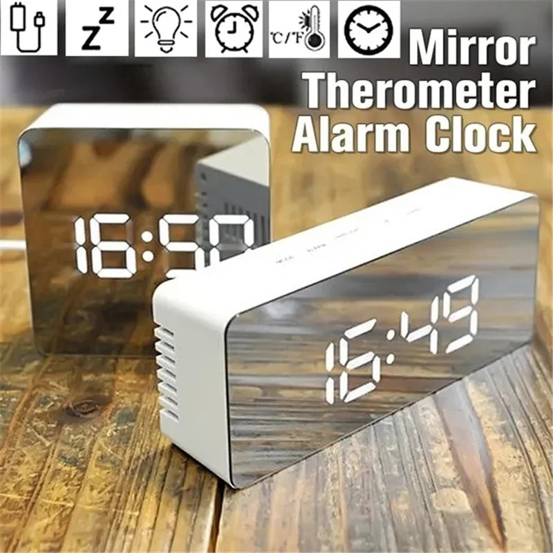 Digital Alarm Clock with Dimmer Temperature Function for Bedroom Office Travel Battery & USB Powered LED Mirror Alarm Clock