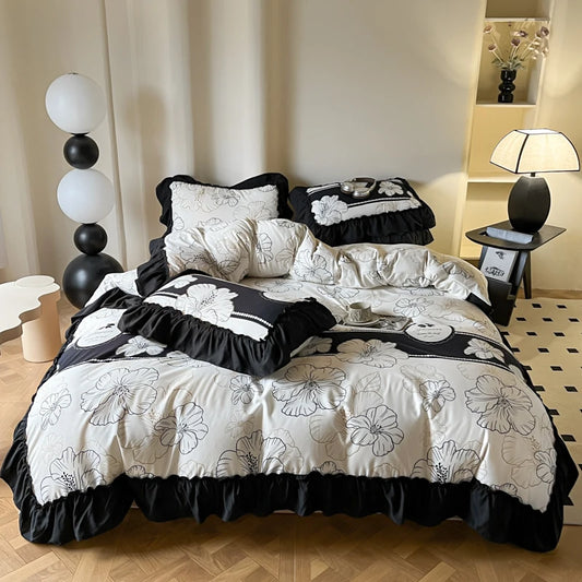 Home Textile French Vintage 3/4PC Washed Cotton Black White Ruffle Duvet Cover Flat Sheet With Pillowcase  For Girls Bedding Set