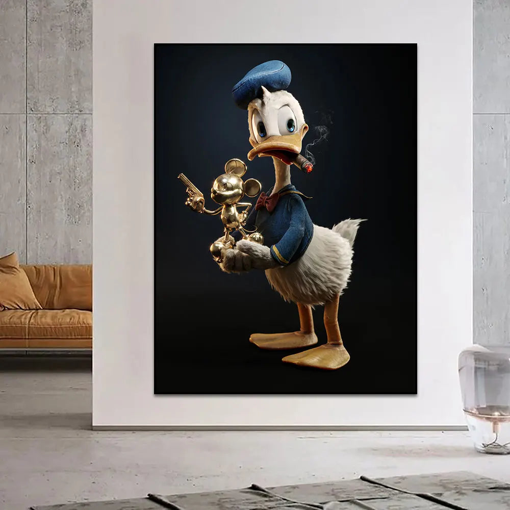 Póster de dibujos animados de Disney Donald Duck Smoke Cigarrillo Gold Mickey Mouse Arte de pared de la pared Lona estampada Sala de pintura Decoración del hogar