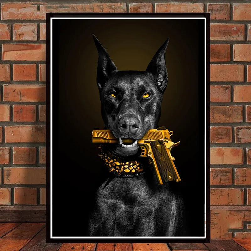 Moda Black Doberman Dog Lion con un cartel de pistola lienzo Pintura de arte de pared de animales de lujo para sala de estar decoración del hogar