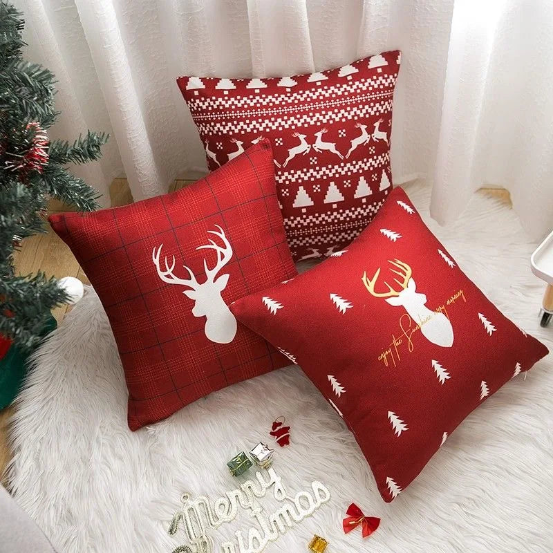 Christmas cartoon pillow cover, Santa Claus, reindeer, snowman, cute pillowcase, home celebration, red creative gift