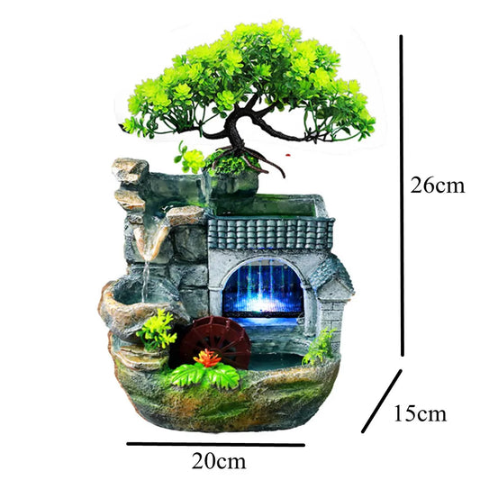 Cascade Fountain Indoor Home Decor Feng Shui Desktop Small Rockery Simulation Tree Resin Ornements Artisanat avec des cadeaux LED Light