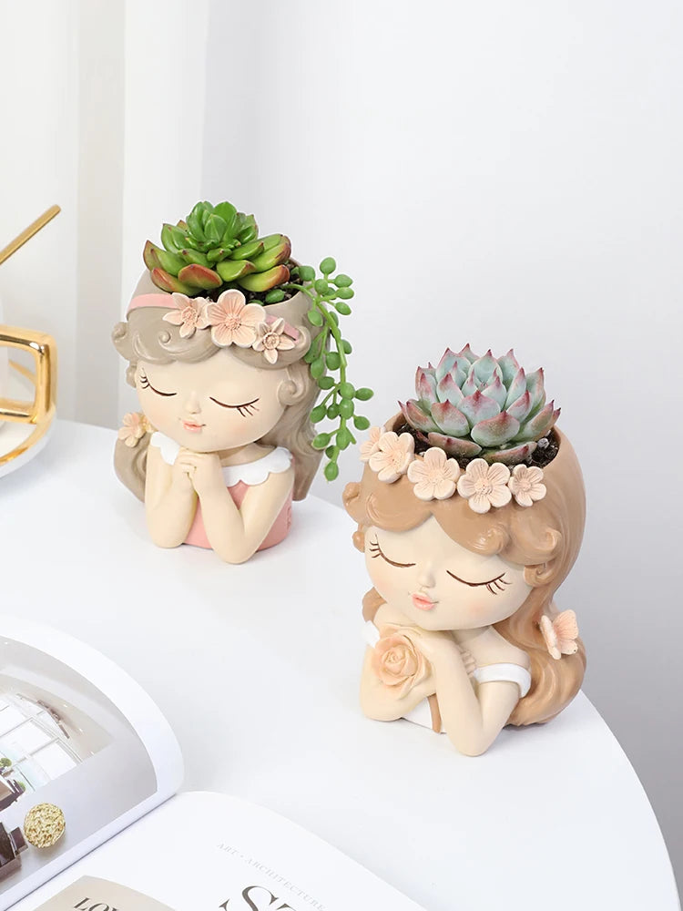 Plantador de garotas fofas para suculentas plantas resina vaso de flores ornamentos de fadas estatuetas decorativas decoração de mesa em casa