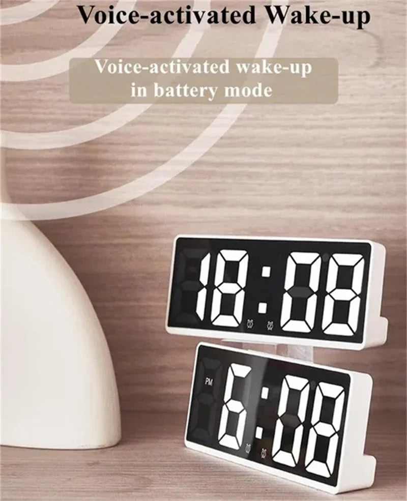 LED Digitale Wecker Voice-aktivierter Spiegel Doppelwecker Nachtuhr Takttemperatur Snooze Electronic Watch Datum Display