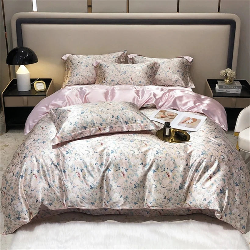 Conjunto de cama de edredom de seda de seda Mulberry, capa de edredão de 1pc, lençol de 1pc, 2pcs fronhas, tecidos de cama de luxo têxteis caseiros