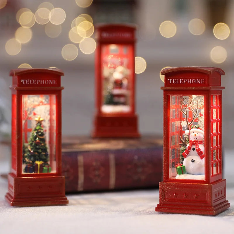 1Pc Christmas Light-Up Maroon Phone Booth With Santa Decorative Christmas Themed Snow Globe Led Light For ChristmasDecorative