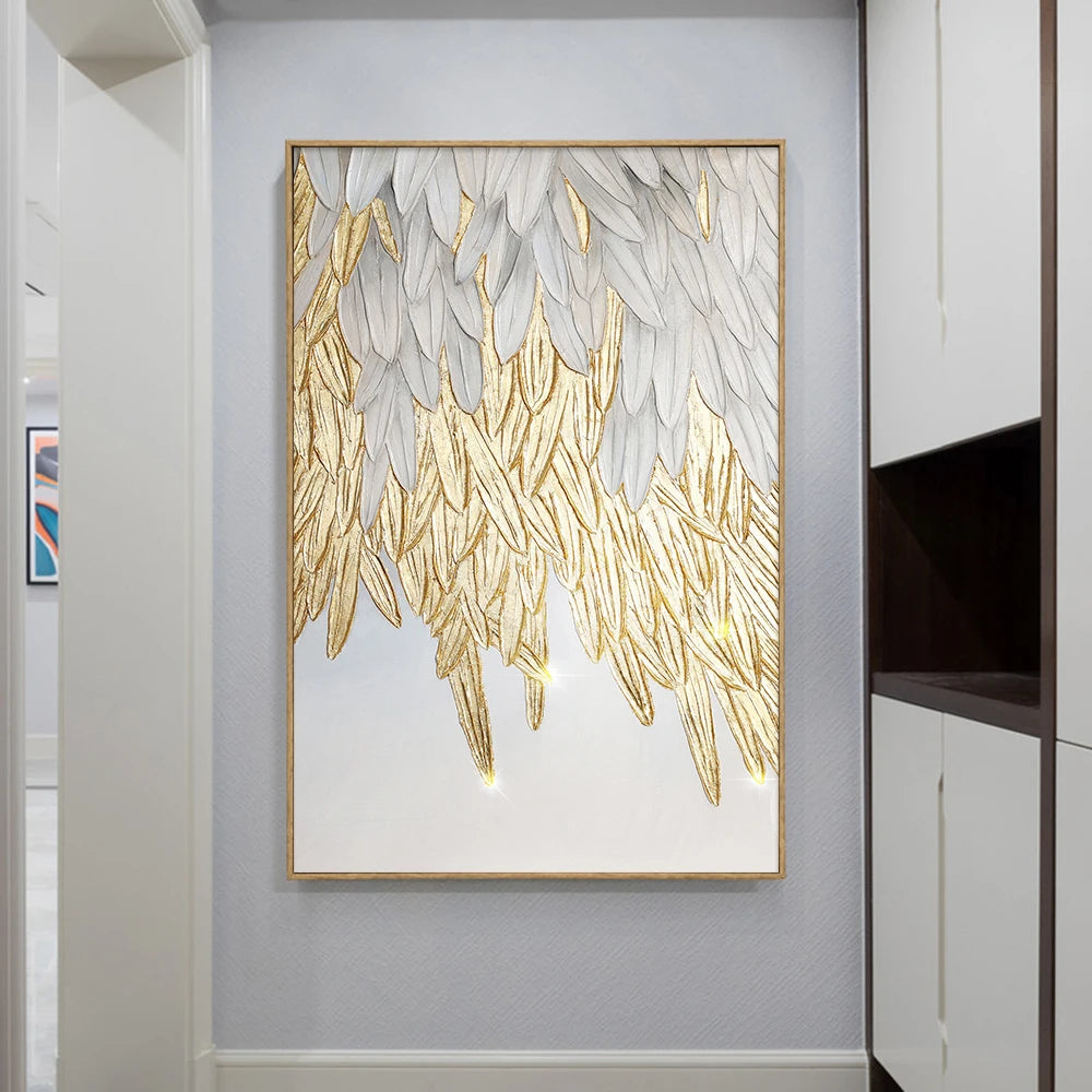 Pintura de folhas de penas de ouro branco grande luxuros de parede de parede impressão impressão de impressão de imagem abstrata para decoração de casa de sala Cuadros