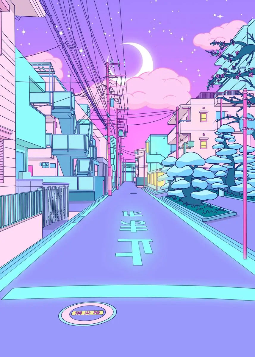 80S Neon City Street Vaporwave Canvas Póster de la calle coreana Anime Pintura decorativa Arte de pared estampados para la habitación Kawaii Decoración de la habitación