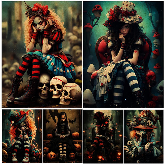 Creepy Clown Girl and Skeleton Vintage Wall Art Canvas Dipinto di Fantasy Horror Ai Art Poster e Decorazione per la casa di stampa