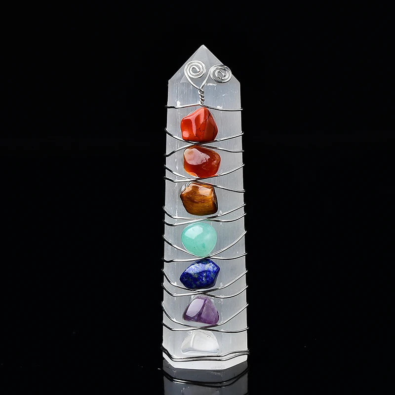 1 pc Natural Selenite Point Seven Chakras Healing Stone Obelisk Quartz Wand Tower Ornament for Home Decor Energy Stone Pyramid