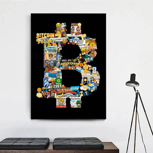 Samenvatting Bitcoin Crypto Poster Print Graffiti Stitching Creative Canvas Painting Modern Wall Art Picture Living Room Home Decor