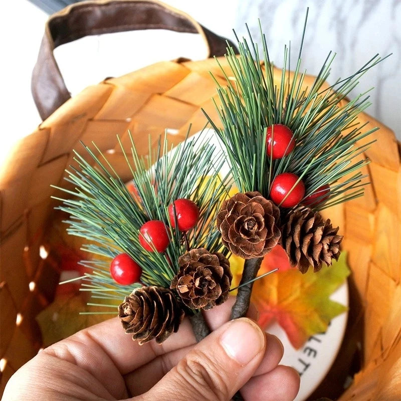 10/20Pcs Christmas Pinecones Pine Needles Branches with Artificial Red Berry Stems for Xmas Tree Garland DIY Crafts Gifts Decor