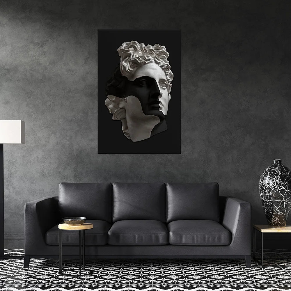 Pinturas de lona de escultura de piedra de mitología griega Cabeza de Apolo Posters y estampados de la pared negra sala de estar decoración del hogar