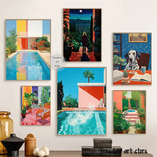 Vintage David Hockney Style 80S Ilustración de la piscina Dog Cat Cartel de arte Pintura Arte de pared Impresión Imagen Decoración del hogar