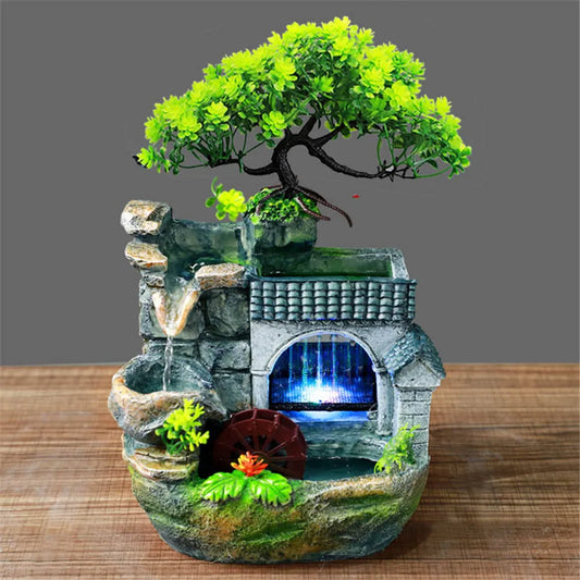 Cascade Fountain Indoor Home Decor Feng Shui Desktop Small Rockery Simulation Tree Resin Ornements Artisanat avec des cadeaux LED Light