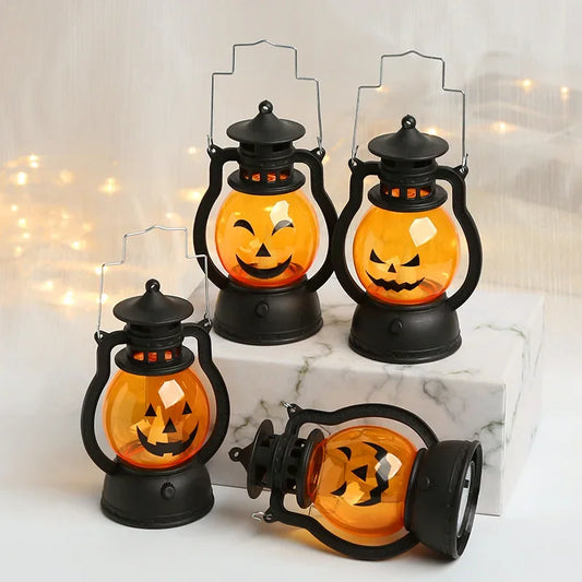 Halloween Hanging Pumpkin Lantern Light LED Ghost Lamp Candle Light Retro Small Oil Lamp Halloween Party Home Decor Horror Props