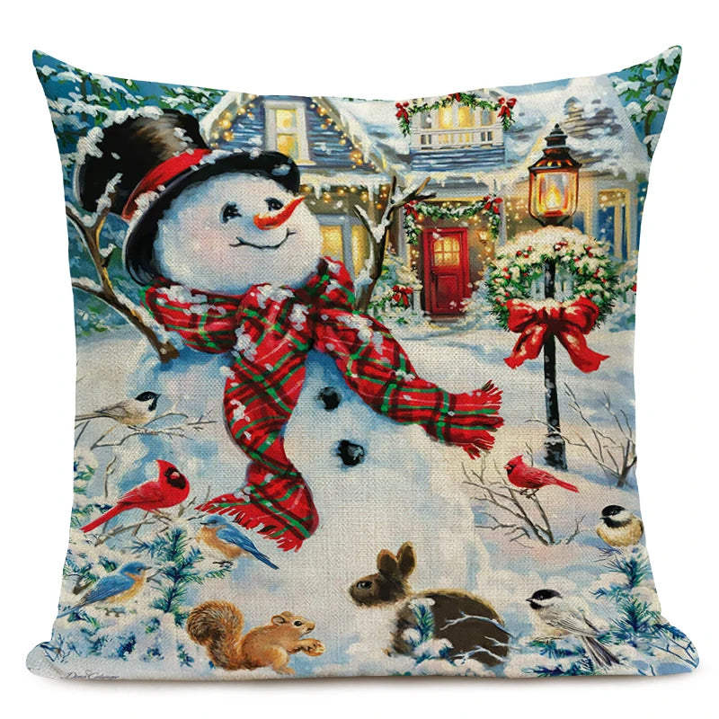 Merry Christmas Cushion Covers 45x45cm Snowman Santa Printed Pillow Cover Linen Pillowcase for Home Decor