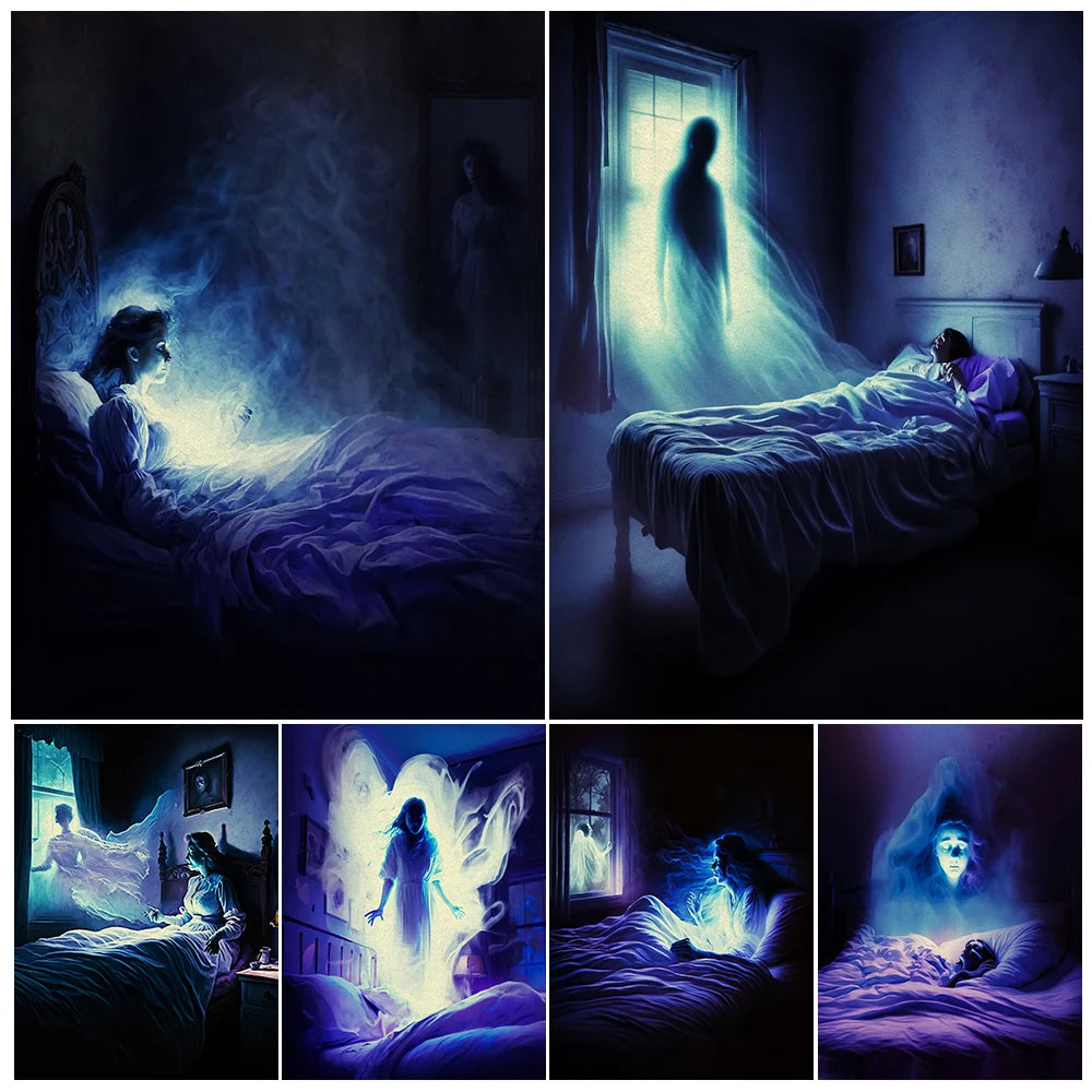 Geister um mysteriöse Horror -AI -Kunstplakat und Druckgeister am Bett Vintage Wall Art Canvas Malerei Home Dekoration