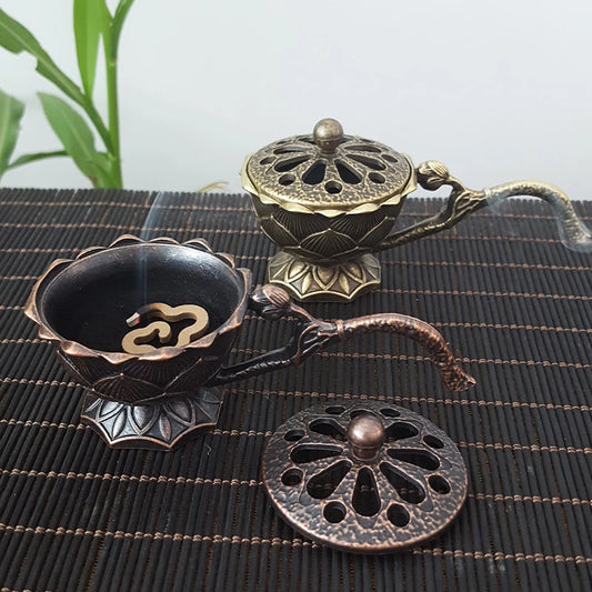 Metal Lotus Incense Burner Bowl Incense Titular com Handle Yoga Meditação Decoração de casa Antigo estilo Liga de liga