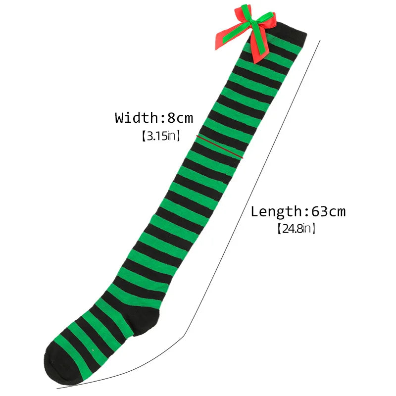 Christmas Green Red Stocking Striped Over The Knee Bowknot Long Socks Chirstmas Gift Elf Santa Socks