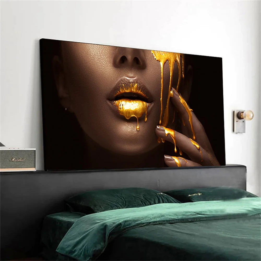 Póster de mujeres negras de gran tamaño Impresión de lienzo de labios sexy dorados Golden Pinturas de arte de pared moderna para sala de estar Decoración del hogar