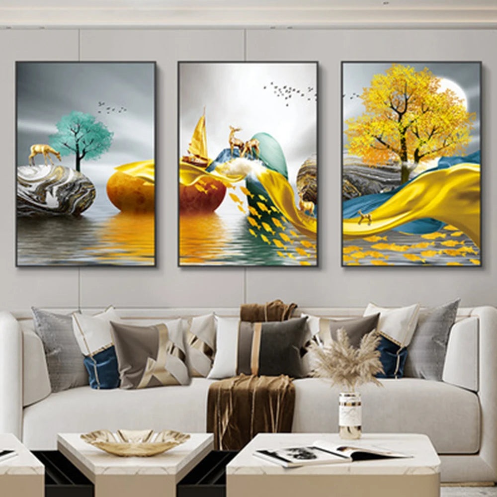 3 Pieces Nordic Luxury Ribbon Abstract Landscape Wall Art Canvas Paintings Modern Gold Deer Poster Print Picture for Home Decor