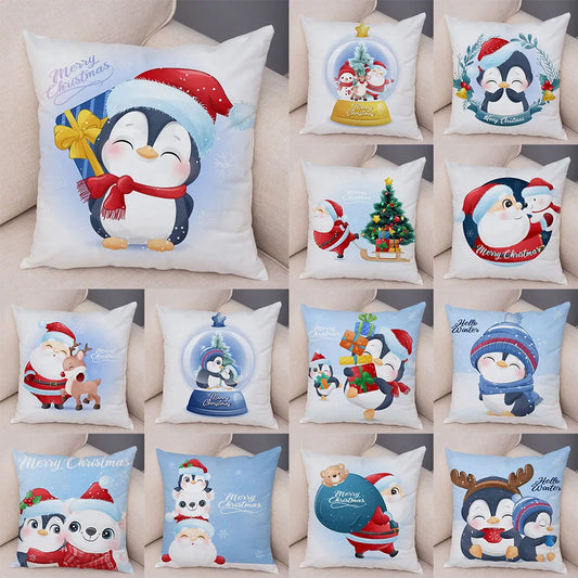 Merry Christmas Cartoon Santa Claus Penguin Deer Print Cushion Cover Home Living Room Sofa Decoration Pillow  45x45cm