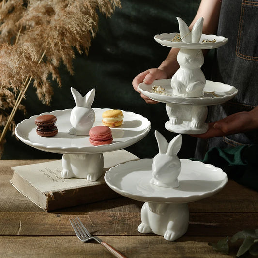 Nordic Ceramic Rabbit Plate Cake Plate Dessert Rack Fruit Plate Afternoon Tea Snack Plate Creative Storage Decoration Tableware