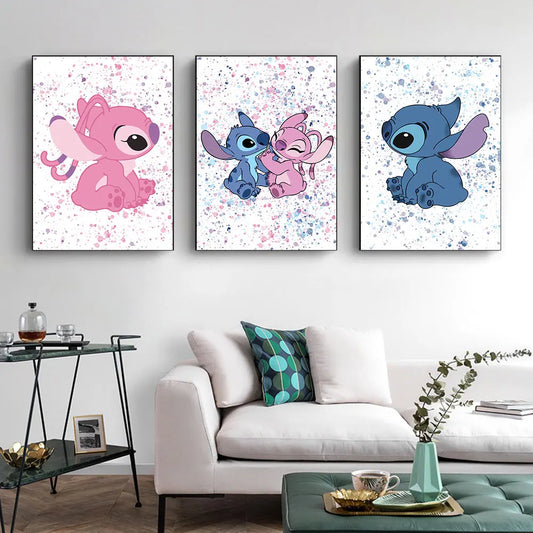 Lilo y puntadas estampados de acuarela de puntada Puntatación de lona de costura Imagen de arte azul y rosa para niños Decoración de regalos de Navidad