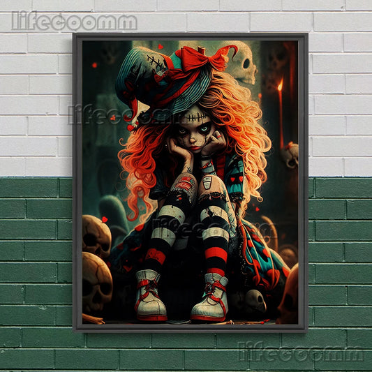 Cluwn Girl and Skeleton Vintage Wall Art Canvas Peinture Résumé Horreur fantastique Ai Affiche d'art et imprimé Décoration de la maison