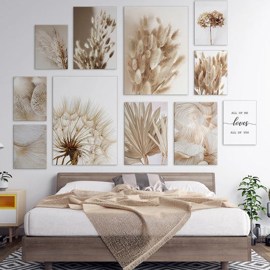 Canvas Print Dekorative Gemälde für das nordische Bild von Wand für modernes Wohnzimmer Beige Blume Reed Pilzkunstposter