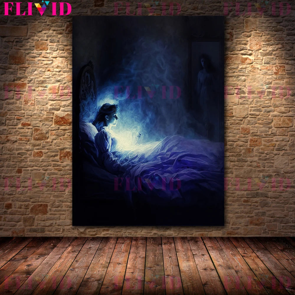 Ghosts alrededor del misterioso horror AI Poster de arte y fantasmas impresos junto al lienzo de arte vintage de la cama Pintura del hogar Decoración del hogar